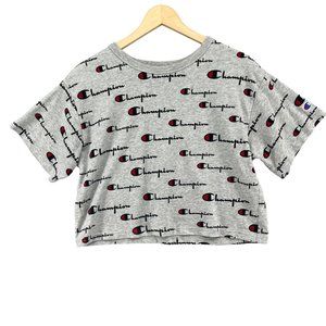 Champion Crop Top Womens Grey Heritage All Over Logo Print Short Sleeve Tee Sz M